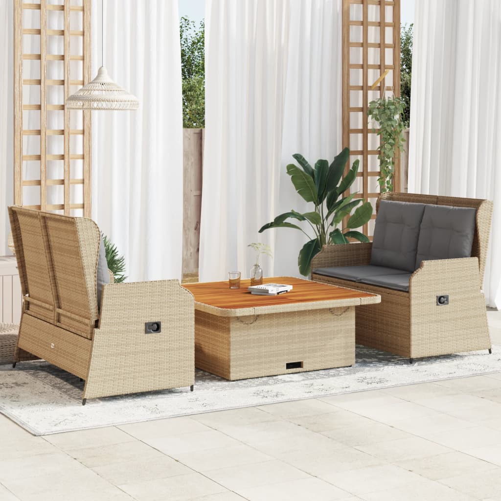 vidaXL 3-delige Loungeset met kussens poly rattan zwart
