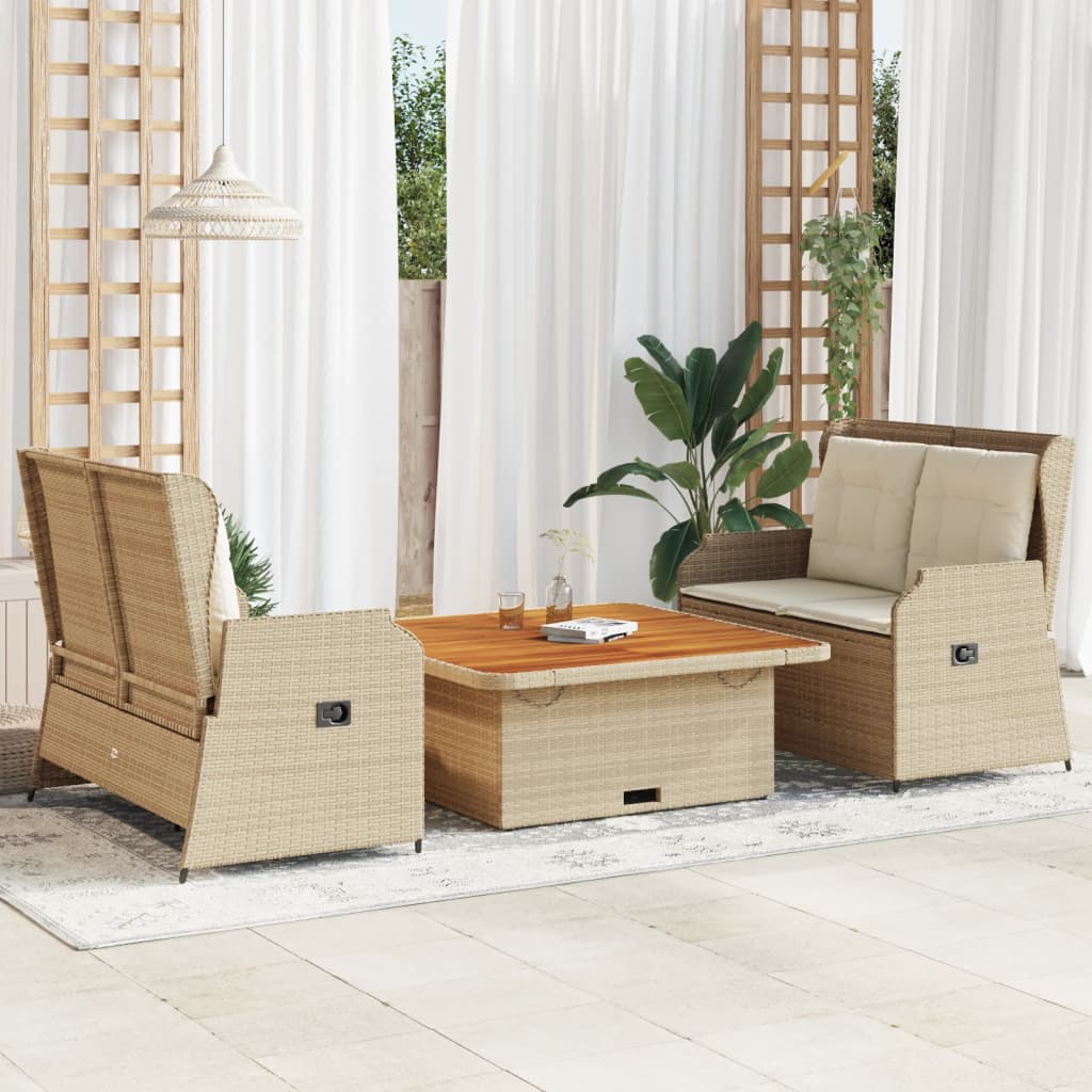 vidaXL 3-delige Loungeset met kussens poly rattan zwart