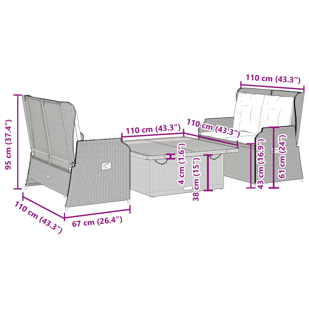 vidaXL 3-delige Loungeset met kussens poly rattan zwart