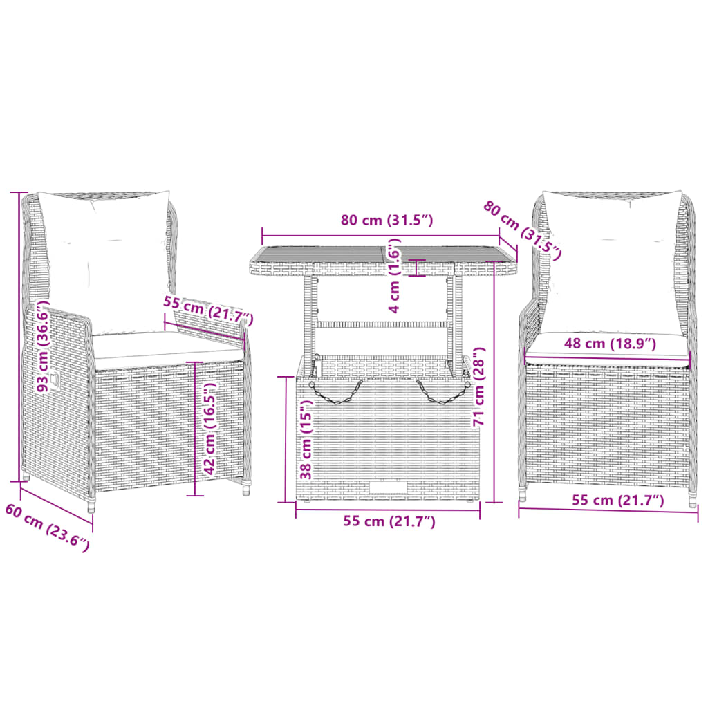 vidaXL 3-delige Bistroset met kussens poly rattan zwart
