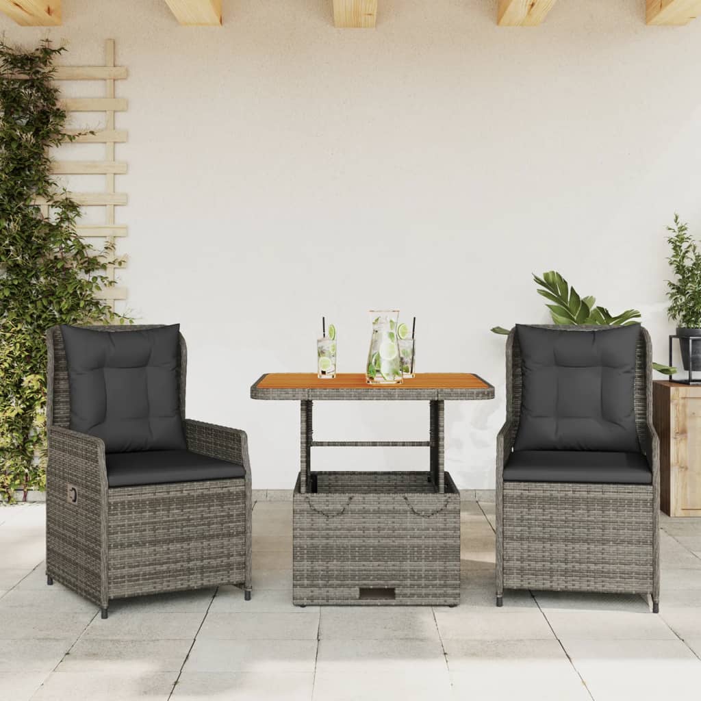 vidaXL 3-delige Bistroset met kussens poly rattan zwart