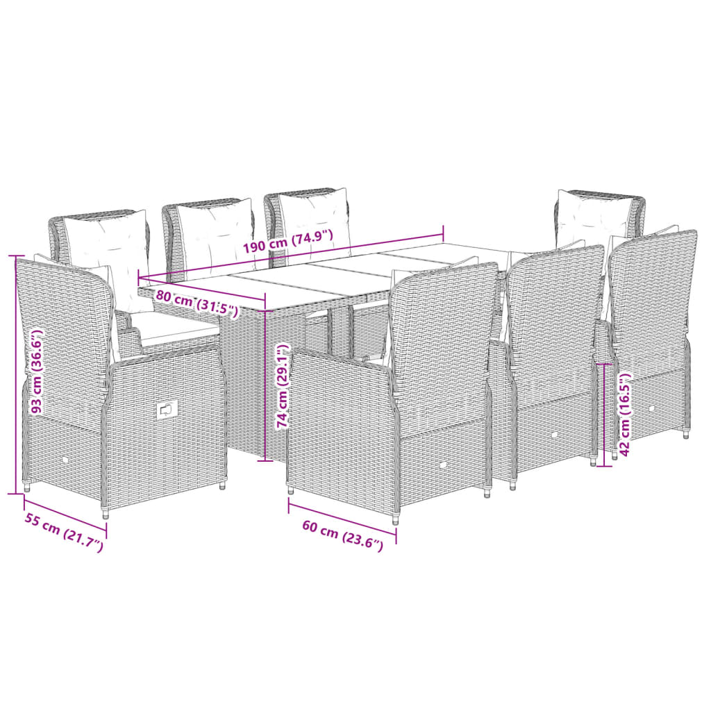 vidaXL 7-delige Tuinset met kussens poly rattan zwart