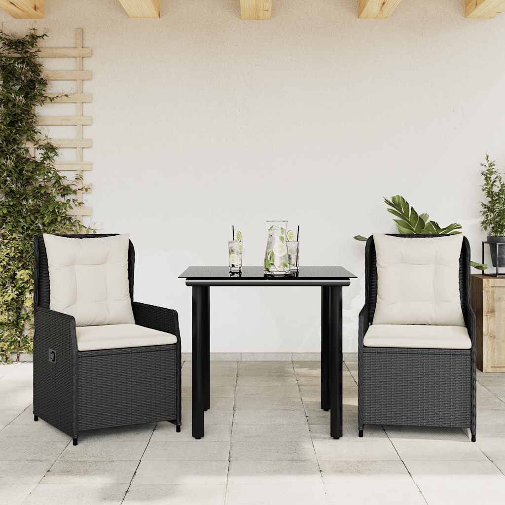 vidaXL 3-delige Tuinset met kussens poly rattan zwart