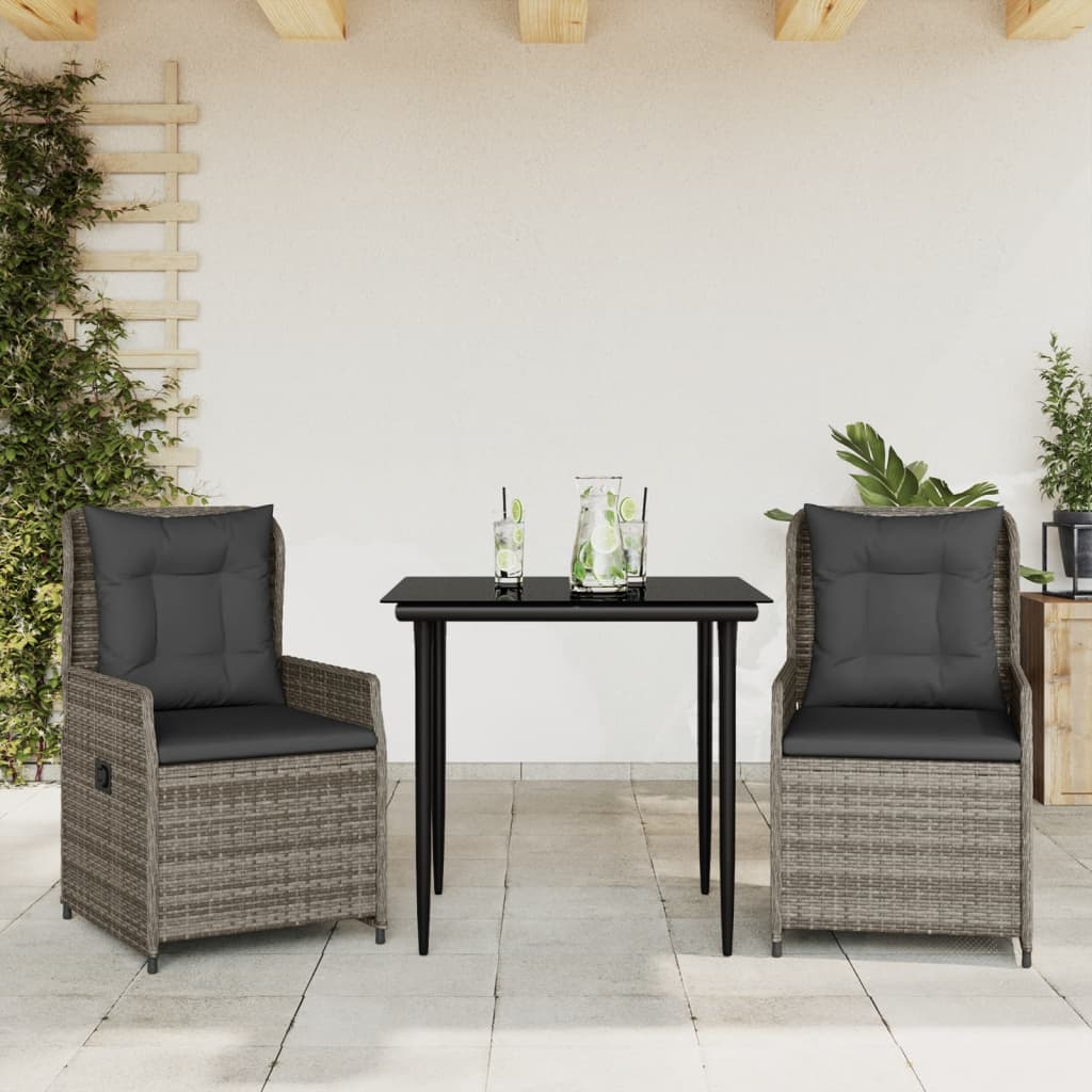 vidaXL 3-delige Tuinset met kussens poly rattan zwart