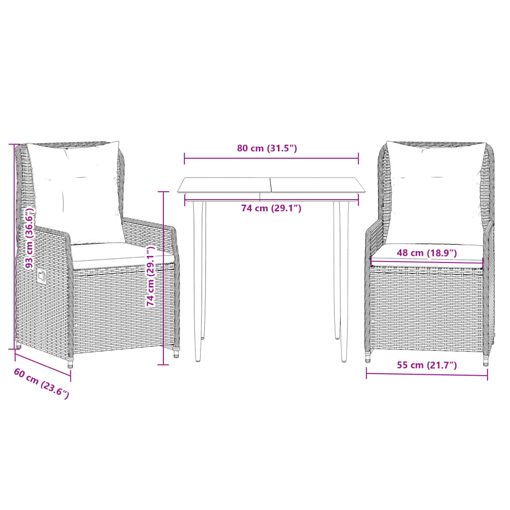 vidaXL 3-delige Tuinset met kussens poly rattan zwart