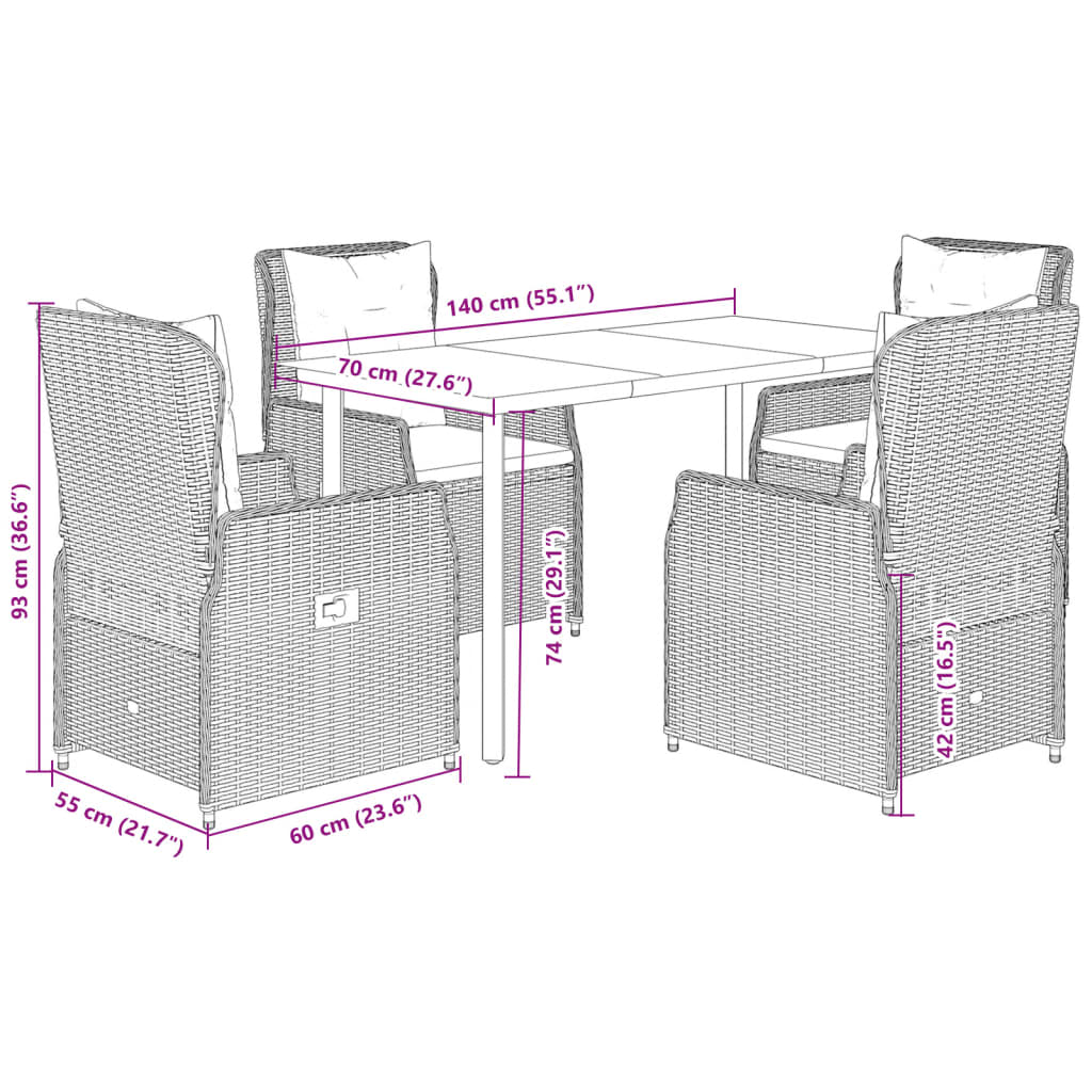 vidaXL 3-delige Tuinset met kussens poly rattan zwart