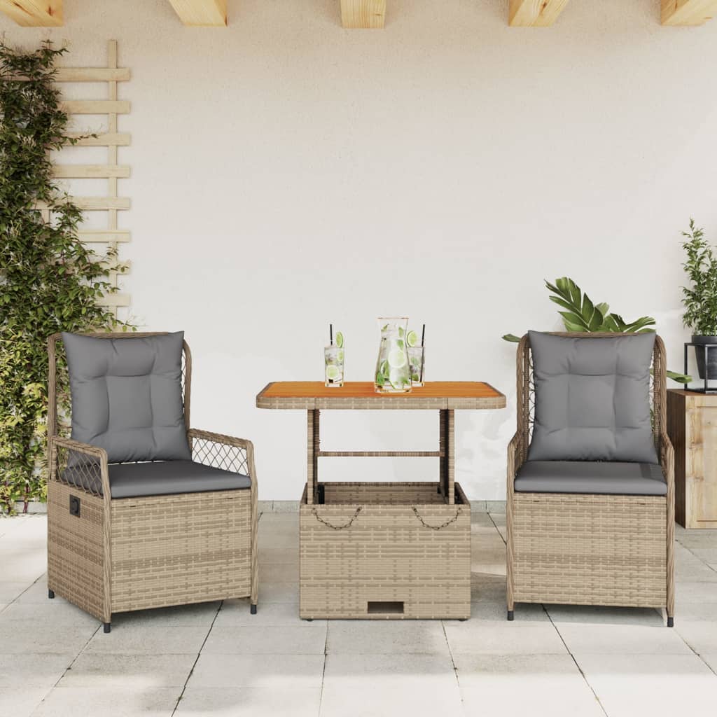 vidaXL 3-delige Tuinset met kussens poly rattan zwart