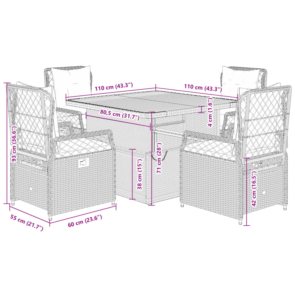 vidaXL 3-delige Tuinset met kussens poly rattan zwart