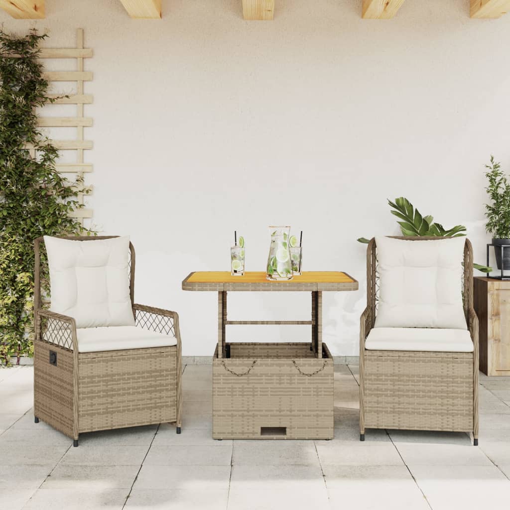 vidaXL 3-delige Tuinset met kussens poly rattan zwart