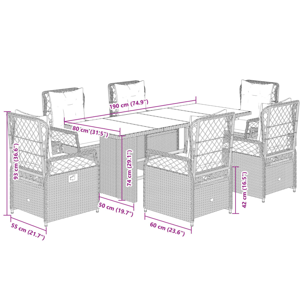 vidaXL 7-delige Tuinset met kussens poly rattan zwart