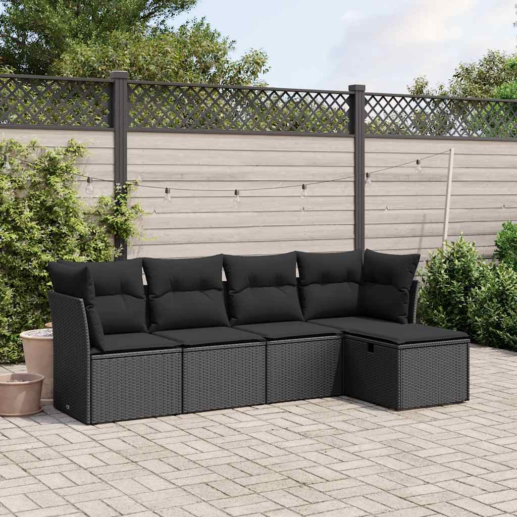 vidaXL 5-delige Loungeset met kussens poly rattan zwart
