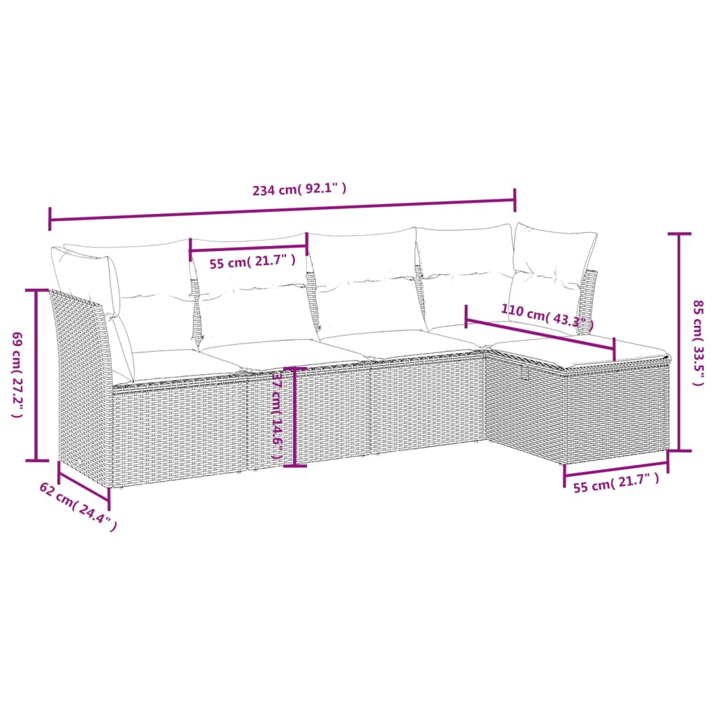 vidaXL 5-delige Loungeset met kussens poly rattan zwart