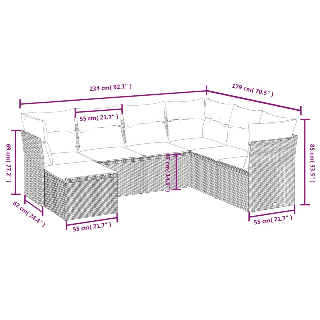 vidaXL 7-Piece Lounge Set with Cushions Poly Rattan Black