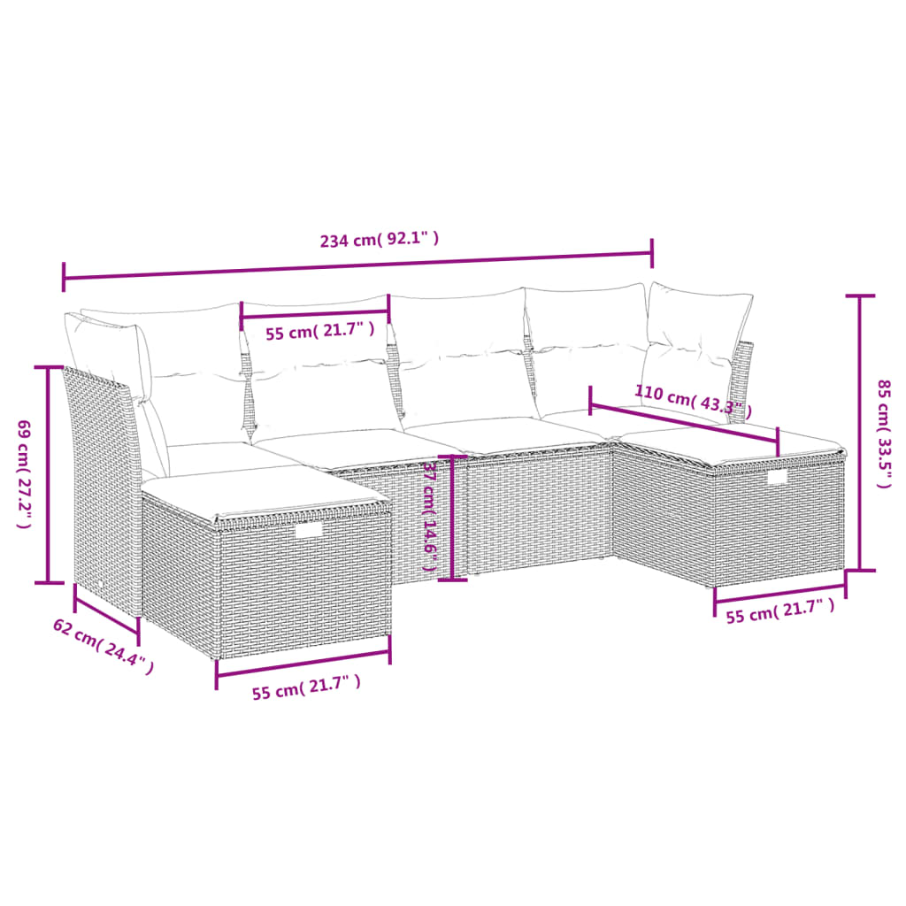 vidaXL 6-delige Loungeset met kussens poly rattan zwart