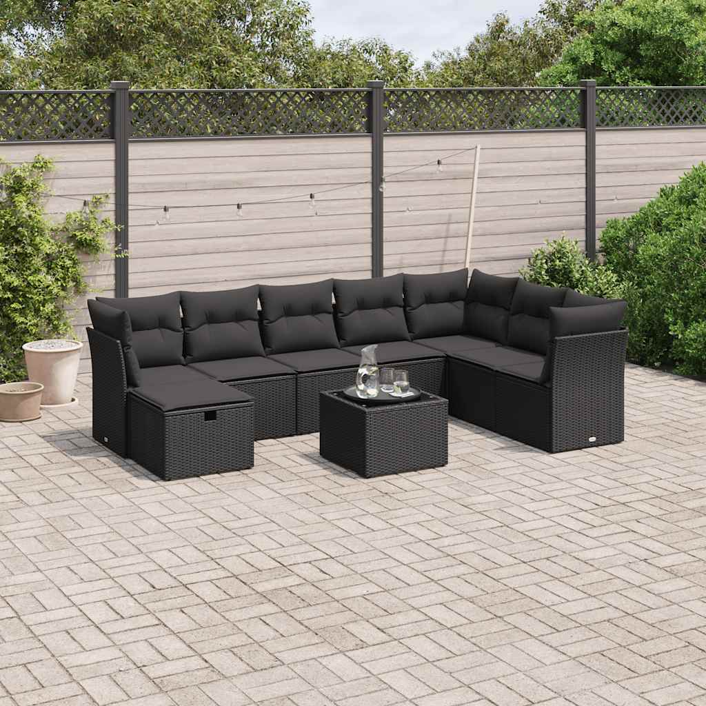 vidaXL 8-delige Loungeset met kussens poly rattan zwart