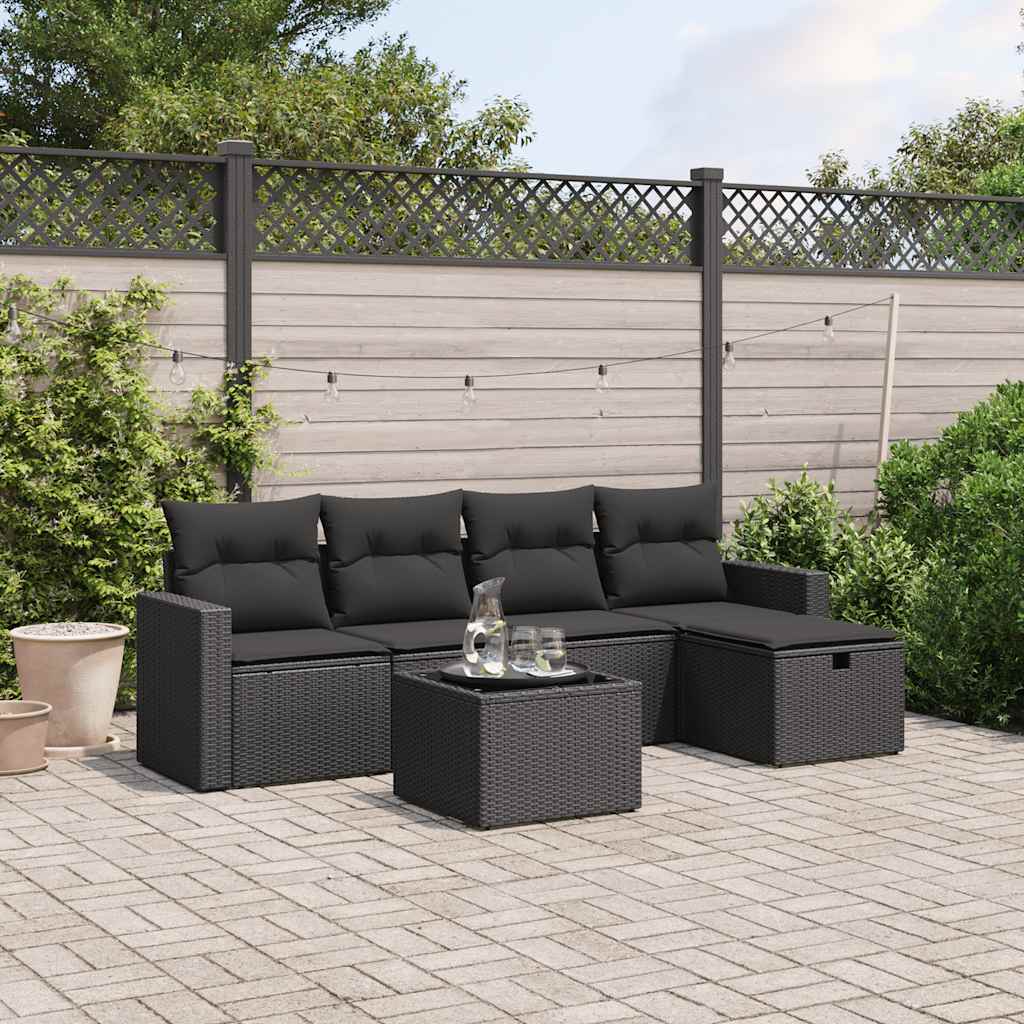 vidaXL 5-delige Loungeset met kussens poly rattan zwart