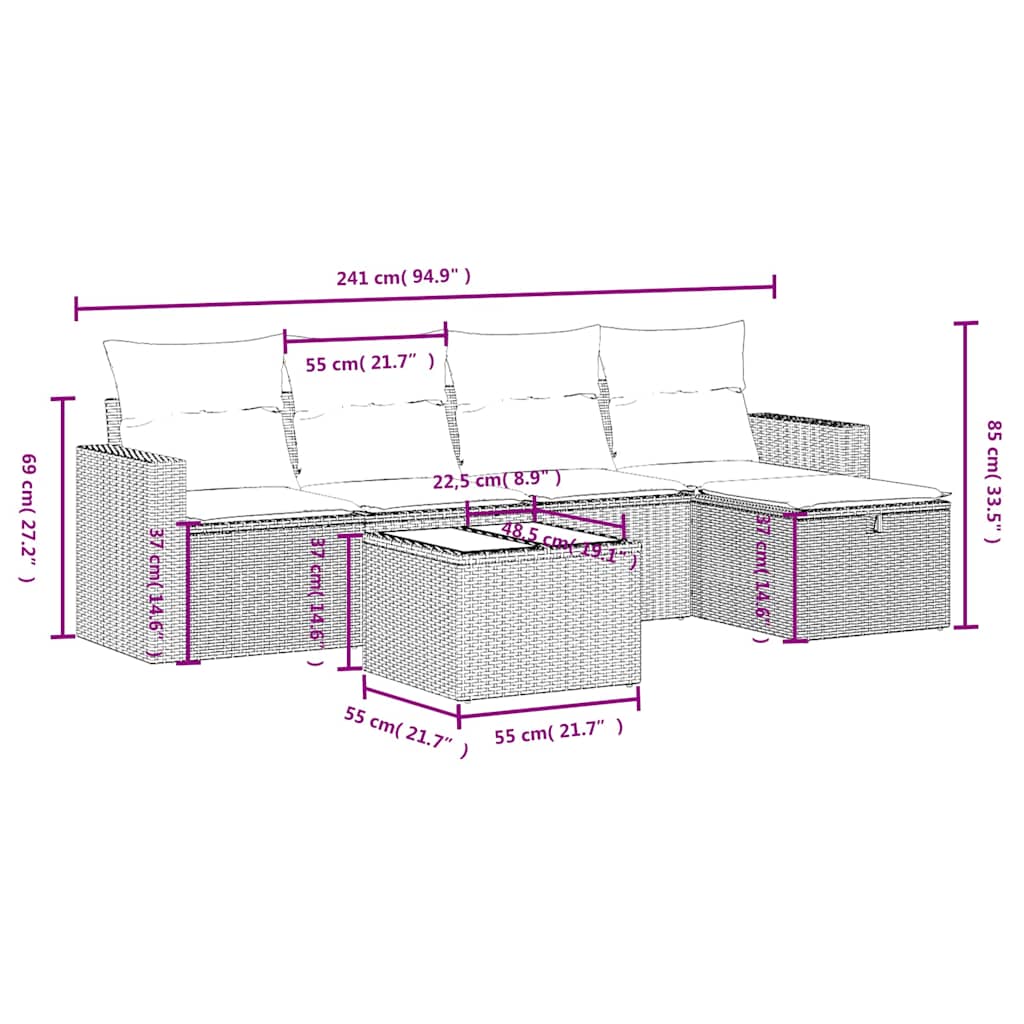 vidaXL 5-delige Loungeset met kussens poly rattan zwart