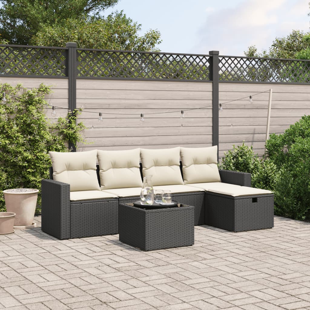 vidaXL 5-delige Loungeset met kussens poly rattan zwart