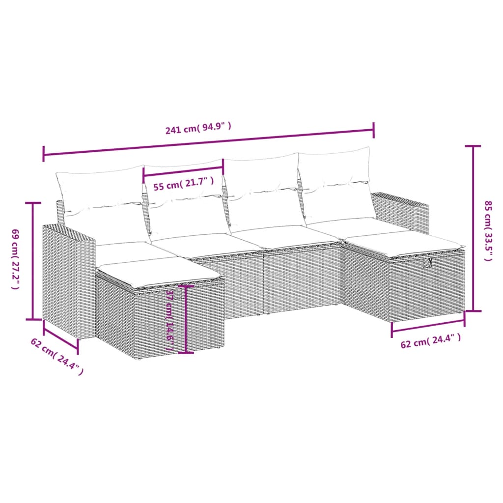 vidaXL 6-delige Loungeset met kussens poly rattan zwart