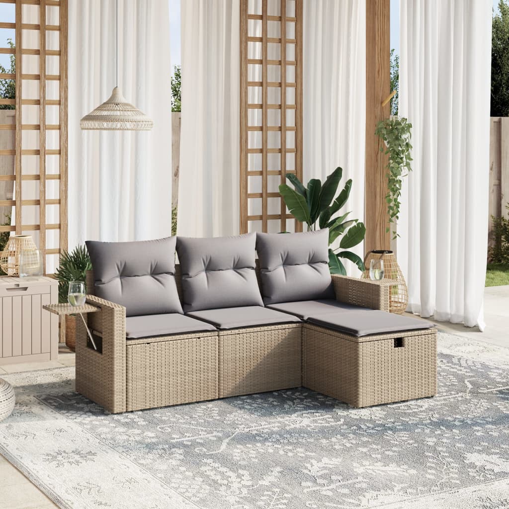 vidaXL 4-delige Loungeset met kussens poly rattan zwart
