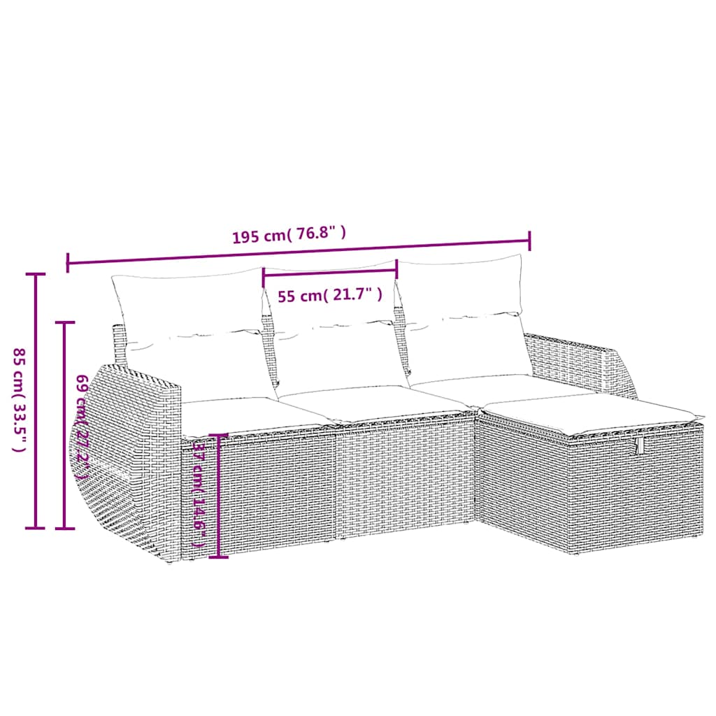 vidaXL 4-delige Loungeset met kussens poly rattan zwart