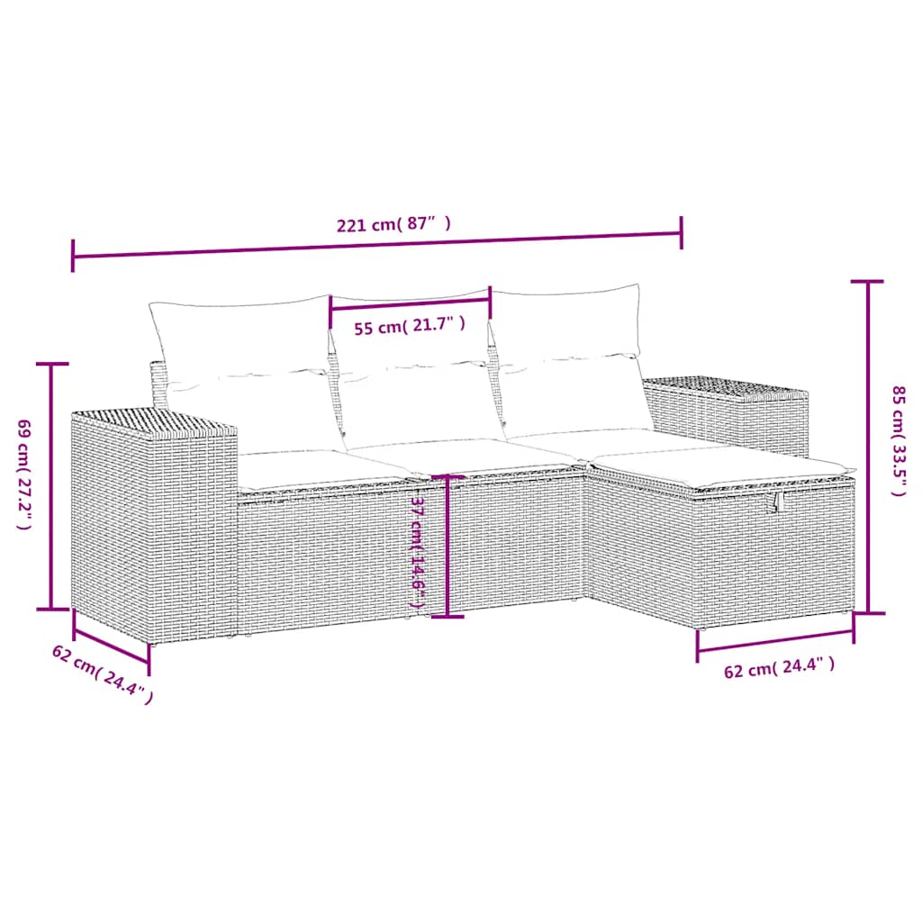 vidaXL 4-delige Loungeset met kussens poly rattan zwart