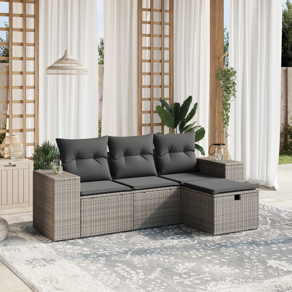 vidaXL 4-delige Loungeset met kussens poly rattan zwart