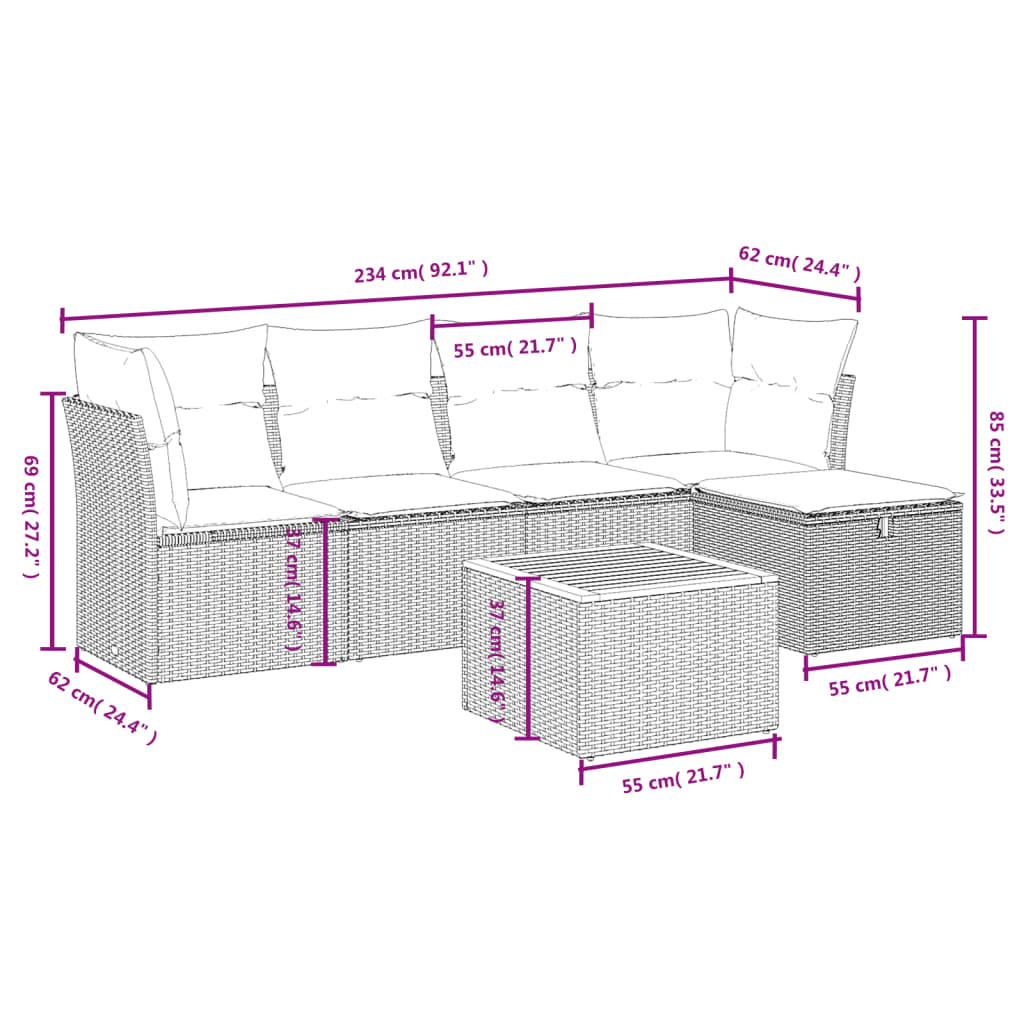 vidaXL 6-delige Loungeset met kussens poly rattan zwart