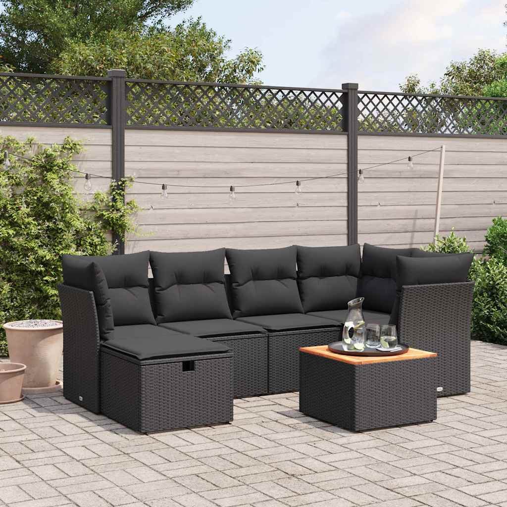 vidaXL 7-delige Loungeset met kussens poly rattan zwart