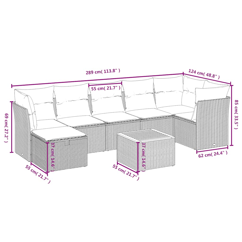 vidaXL 8-delige tuinbankset met kussens, zwart polyrotan