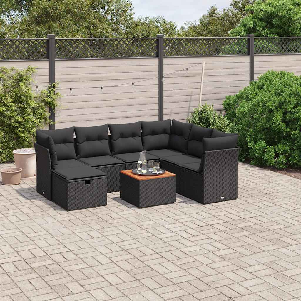 vidaXL 8-Piece Poly Rattan Lounge Set with Cushions Black