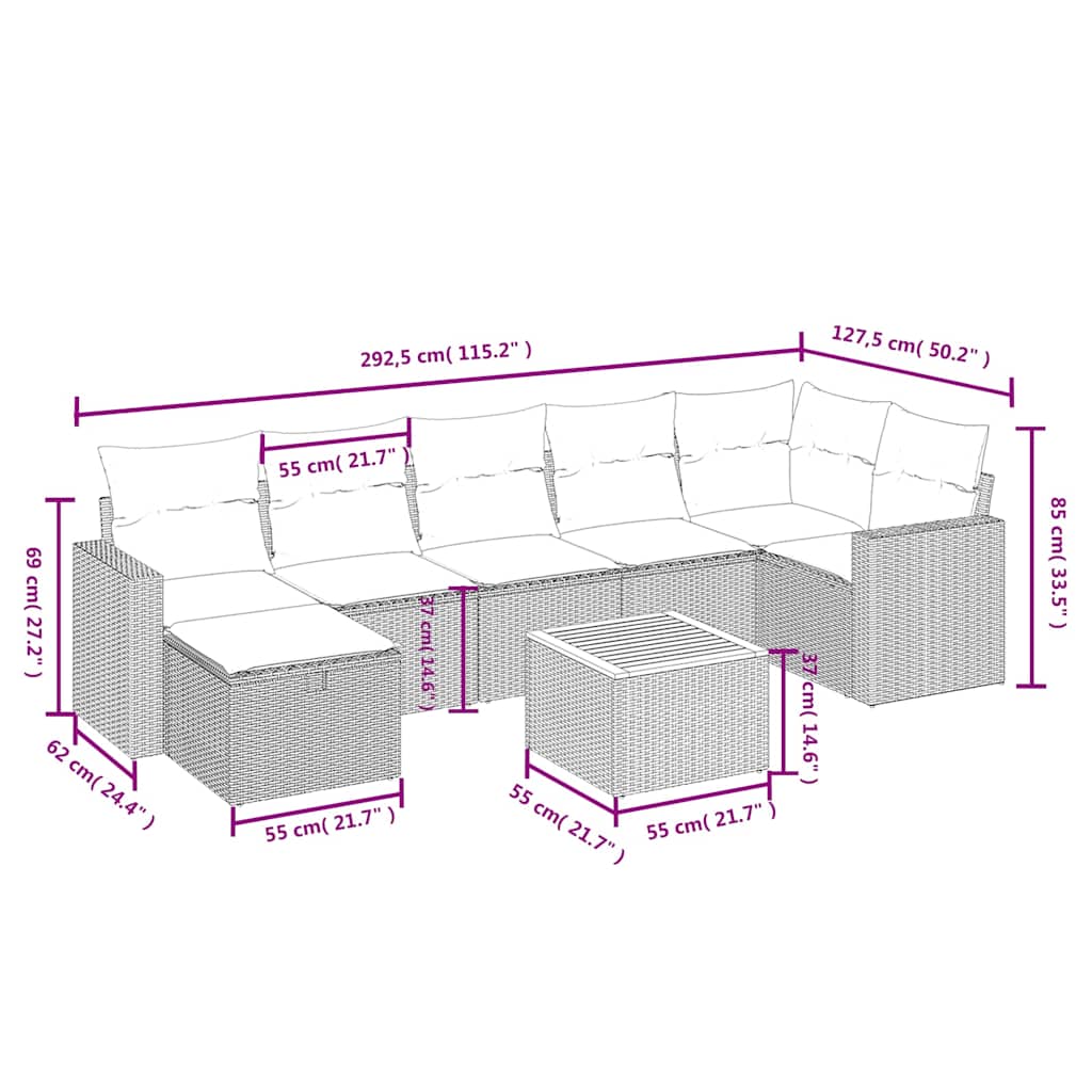 vidaXL 8-delige Loungeset met kussens poly rattan zwart