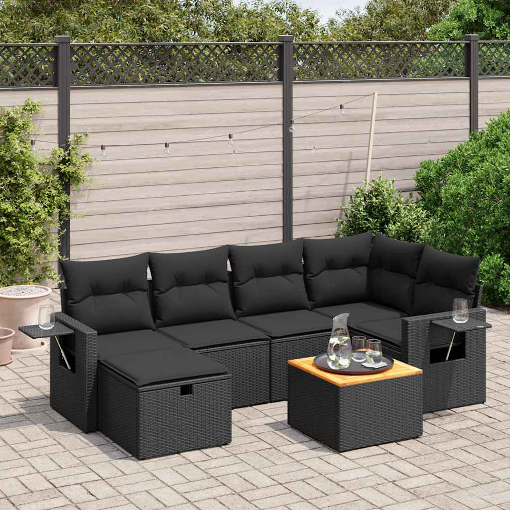 vidaXL 7-delige Loungeset met kussens poly rattan zwart