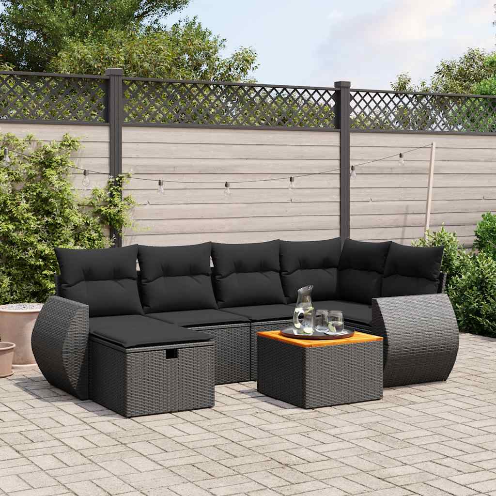 vidaXL 7-Piece Lounge Set with Cushions Poly Rattan Black