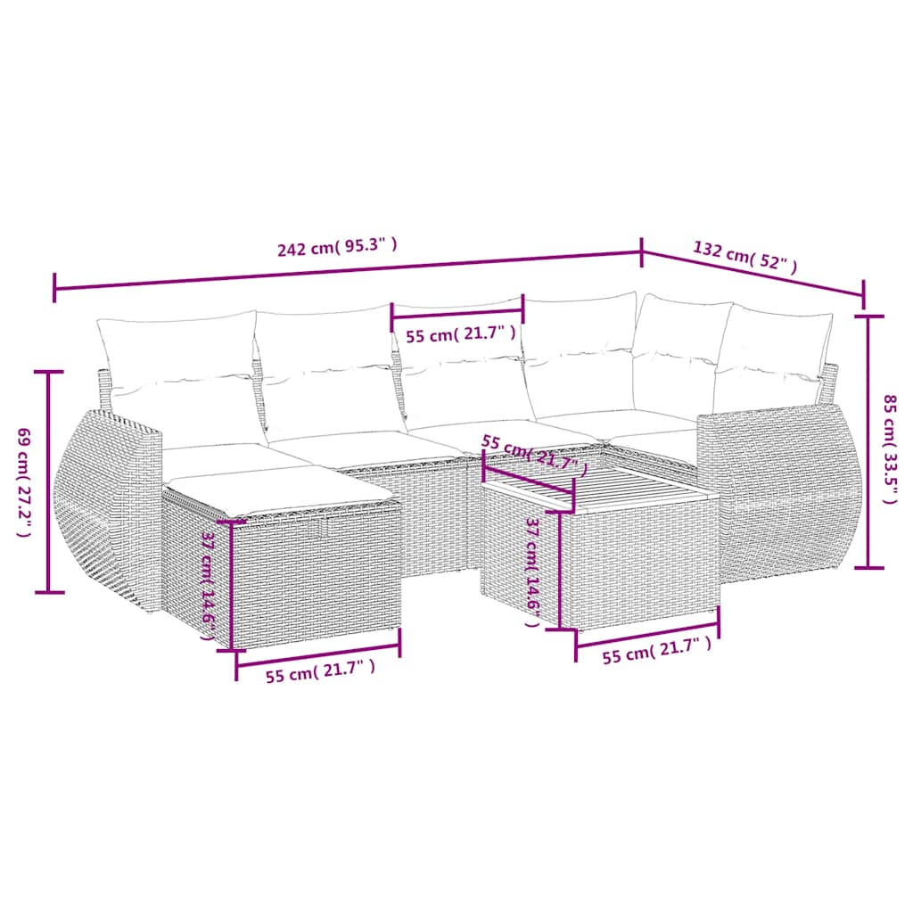 vidaXL 7-Piece Lounge Set with Cushions Poly Rattan Black