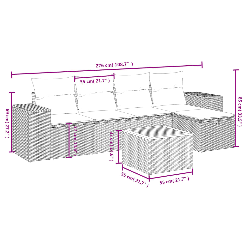 vidaXL 6-piece Lounge Set with cushions poly rattan black