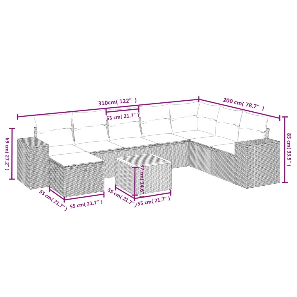 vidaXL 9-piece Lounge Set with Cushions Poly Rattan Black
