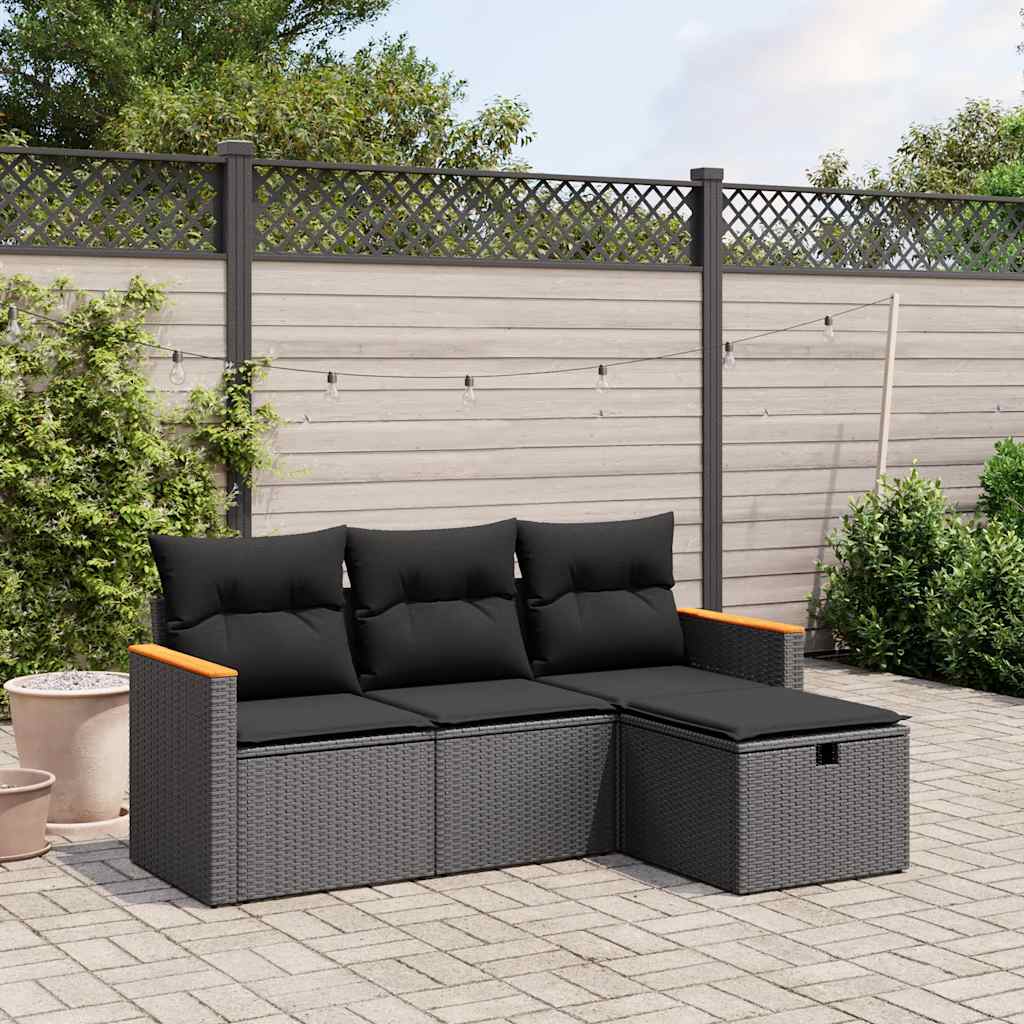 vidaXL 4-delige Loungeset met kussens poly rattan zwart