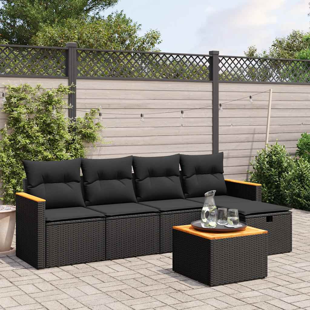 vidaXL 5-piece Lounge Set with Cushions Poly Rattan Black