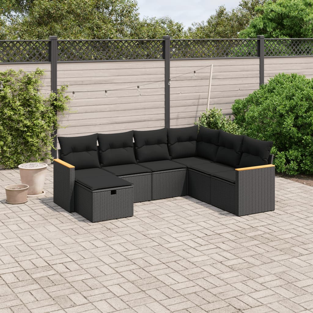vidaXL 7-delige Loungeset met kussens poly rattan zwart