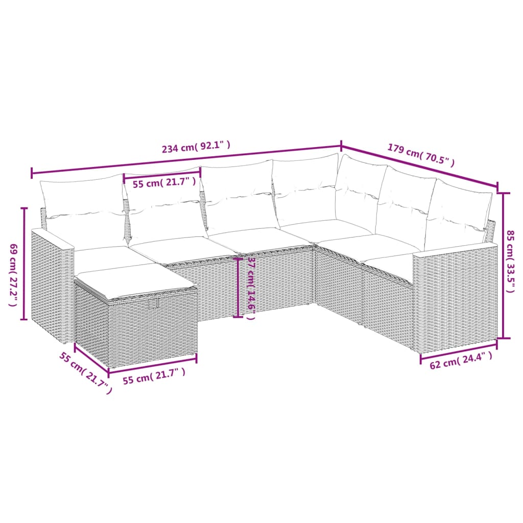vidaXL 7-delige Loungeset met kussens poly rattan zwart
