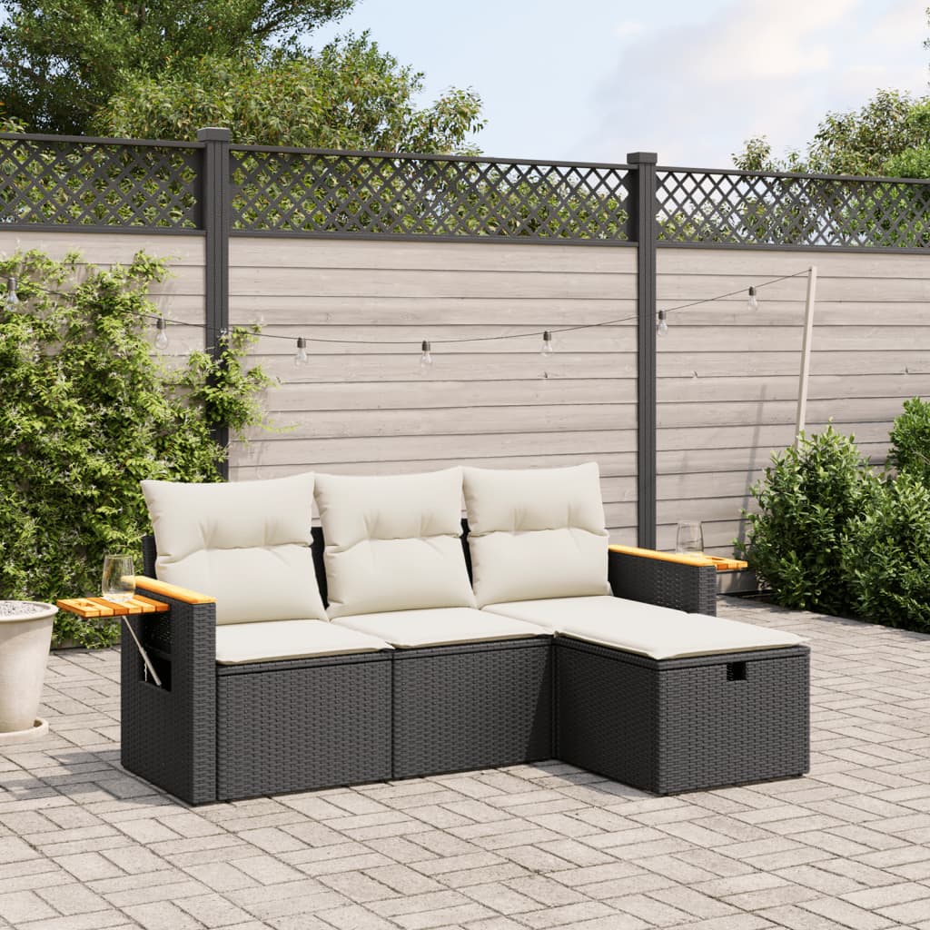 vidaXL 4-delige Loungeset met kussens poly rattan zwart