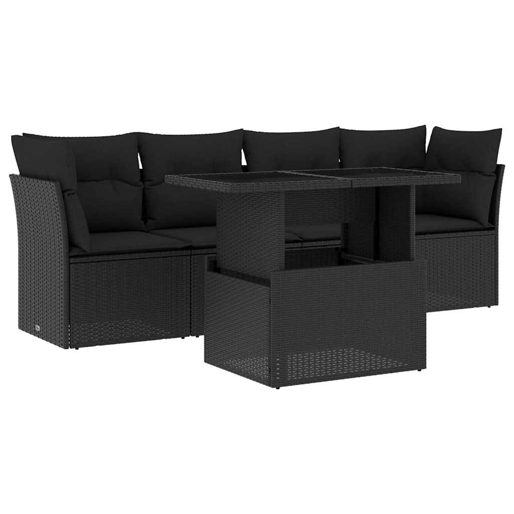 vidaXL 5-delige Loungeset met kussens poly rattan zwart