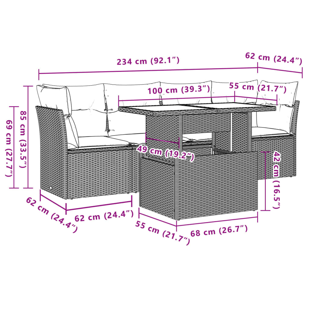 vidaXL 5-delige Loungeset met kussens poly rattan zwart