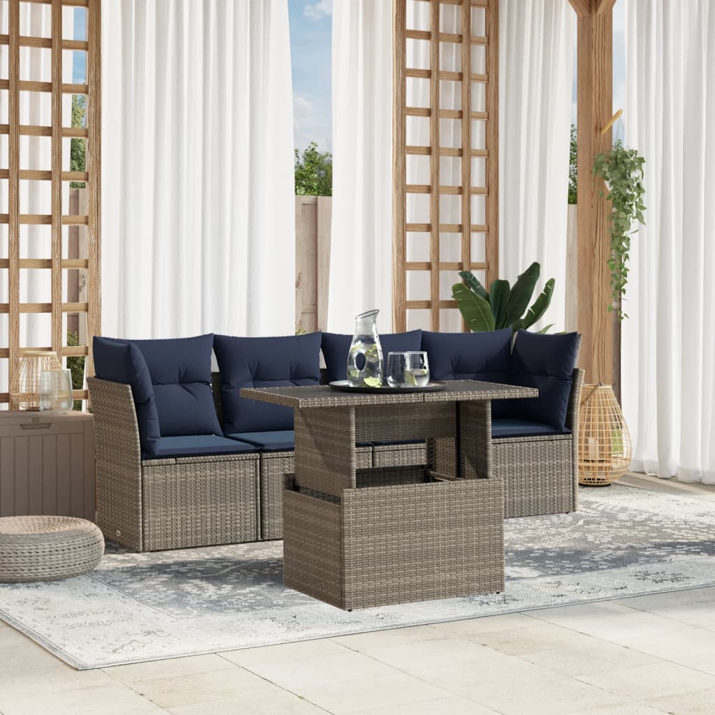 vidaXL 5-piece garden sofa set with cushions black poly rattan