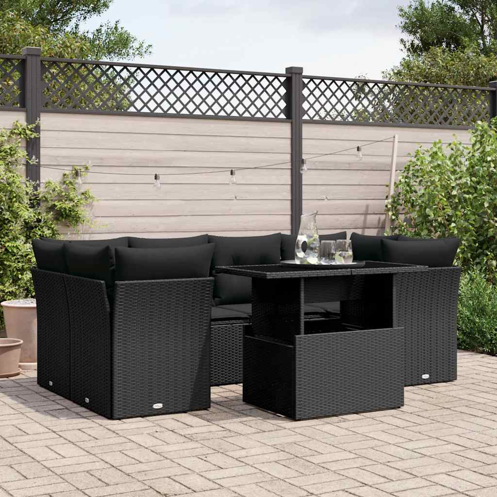 vidaXL 7-delige Loungeset met kussens poly rattan zwart