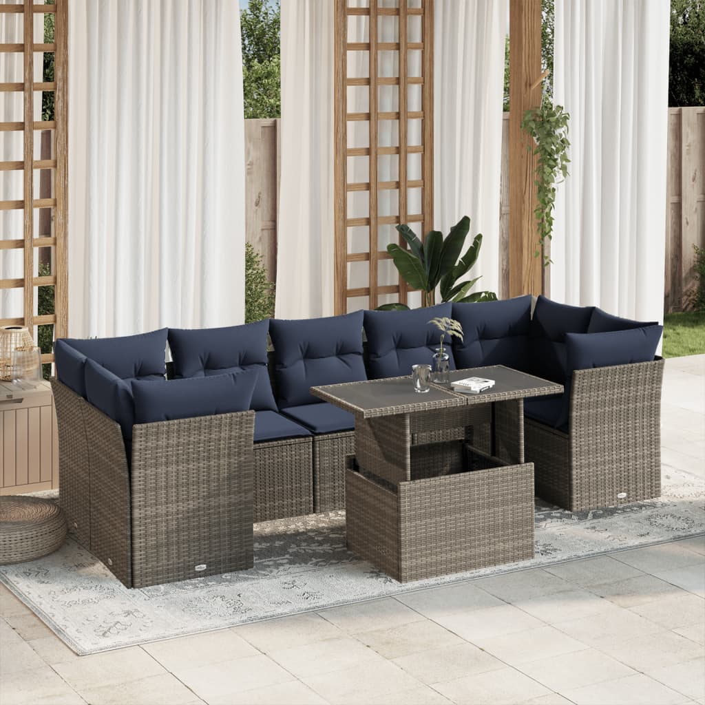 vidaXL 8-Piece Garden Lounge Set with Cushions, Black Poly Rattan