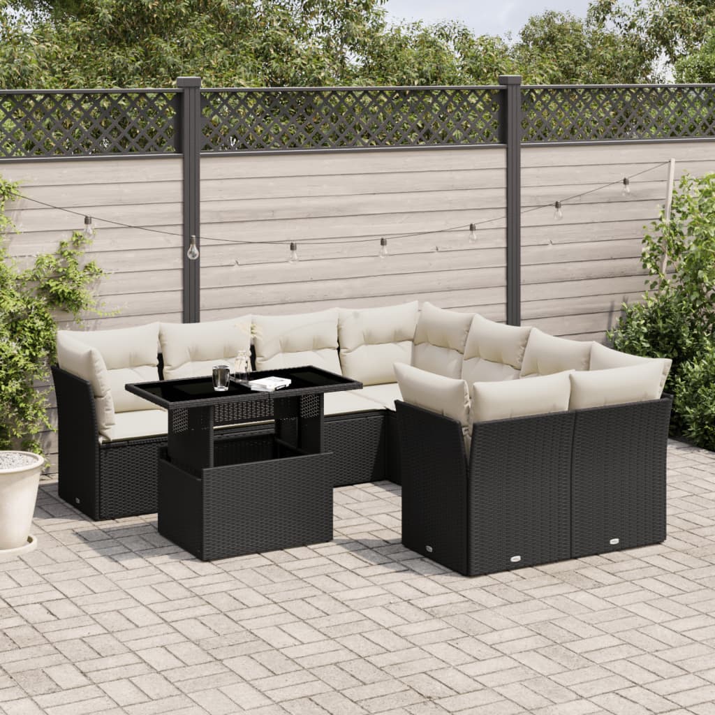 vidaXL 9-delige Loungeset met kussens poly rattan zwart