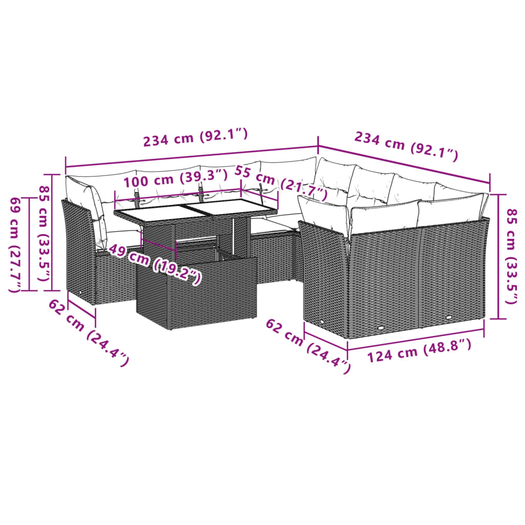 vidaXL 9-delige Loungeset met kussens poly rattan zwart