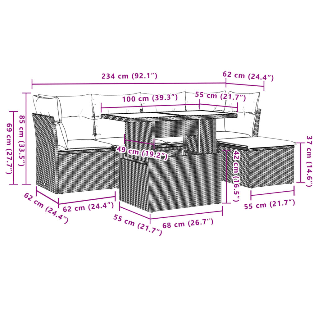 vidaXL 6-delige Loungeset met kussens poly rattan zwart